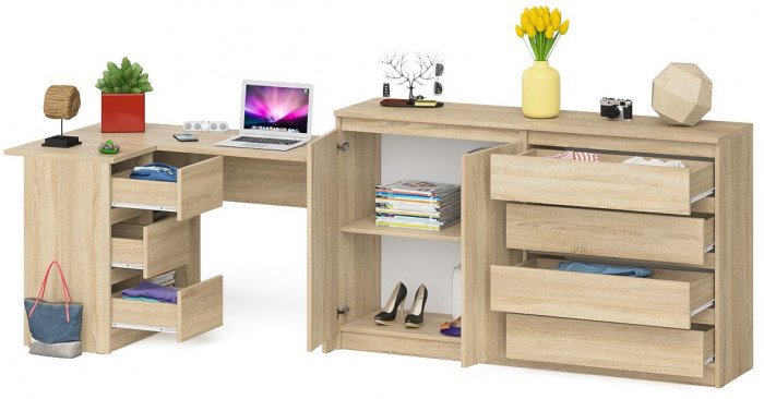 Мори Стол компьютерный МС-16 левый + Комод МК1600.1, цвет дуб сонома, ШхГхВ 284,8х84,9х94 см., выдвижные ящики слева, НЕ универсальная сборка
