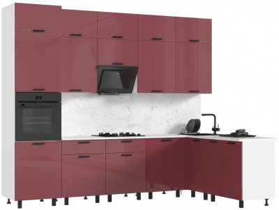 Кухня Техно 3,0х1,8/1080м Компоновка №6, Белый/Марсала глянец