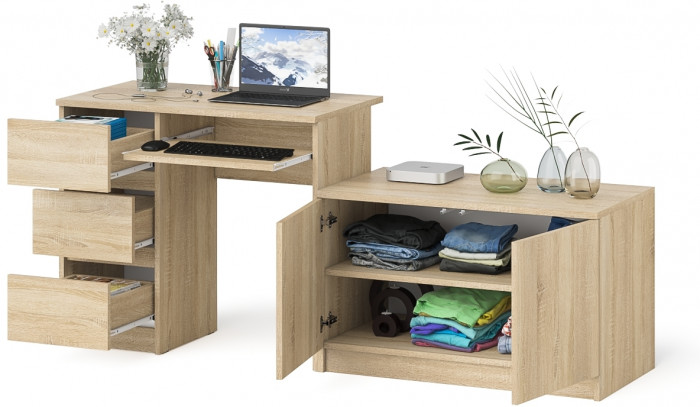 Мори Стол компьютерный МС-6 левый + Тумба МА900.1, цвет дуб сонома, ШхГхВ 180,4х50,4х76,6 см., выдвижные ящики слева, НЕ универсальная сборка
