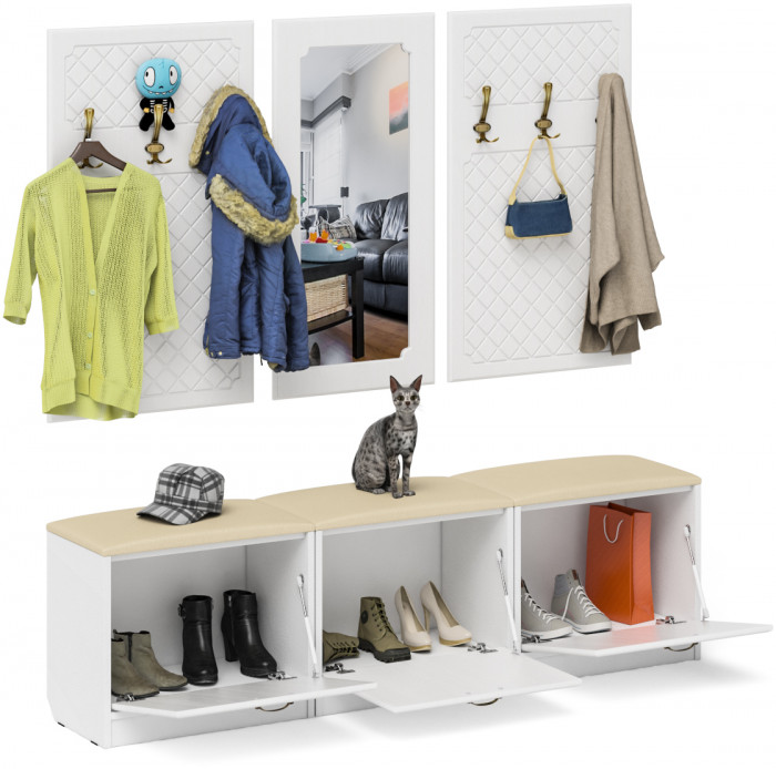 Прихожая П-6 Компоновка № 03, цвет белая шагрень/фасады МДФ белое дерево фрезеровка ромб, ШхГхВ 180х35х200 см., универсальная сборка