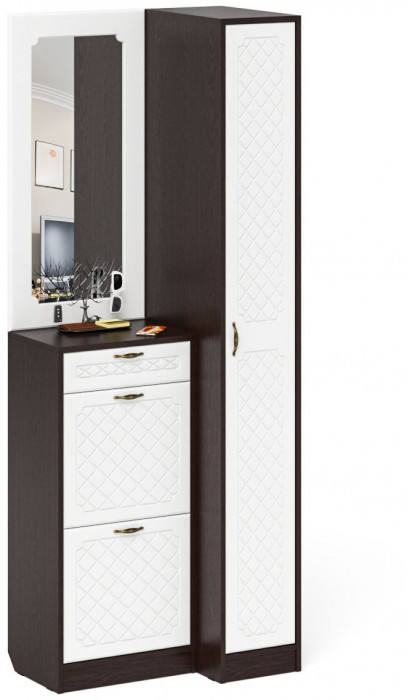 Прихожая П-6 Компоновка № 43, цвет венге/фасады МДФ белое дерево фрезеровка ромб, ШхГхВ 80х50х210 см., универсальная сборка
