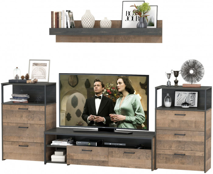 Трувор 13.70 Тумба под ТВ + 13.307.02 Комод + 13.307.02Комод + 15.60 Полка, дуб гранж песочный/интра