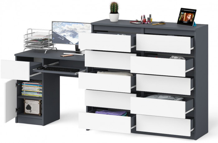Мори компьютерный стол МС-1 левый + Комод МК1200.10, графит/белый