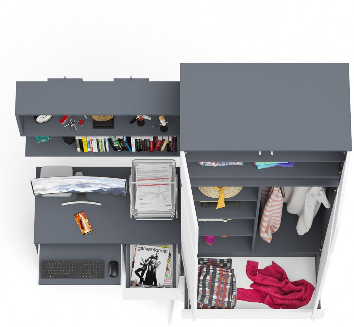 Мори компьютерный стол МС-1 правый + Шкаф МШ900.1 + Антресоль МА900.1 + Полка 900, графит/белый