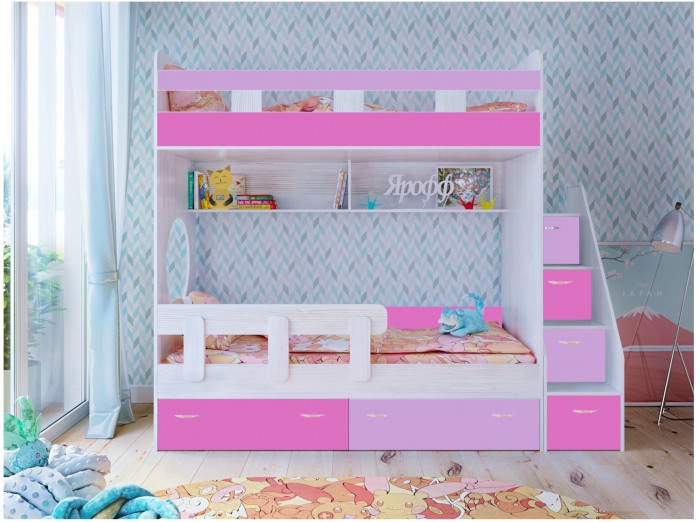 Двухъярусная кровать Юниор 1 + бортик Юниор (Белое дерево/Лайм / Ирис)