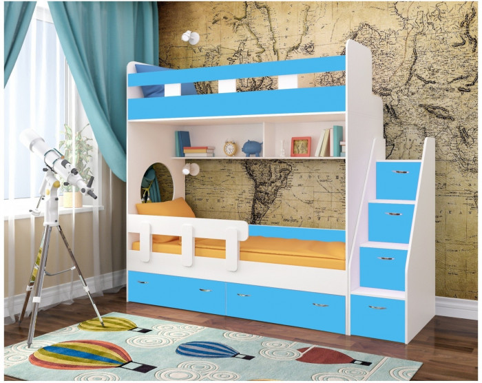 Двухъярусная кровать Юниор 1 + бортик Юниор (Белое дерево/Лайм / Ирис)