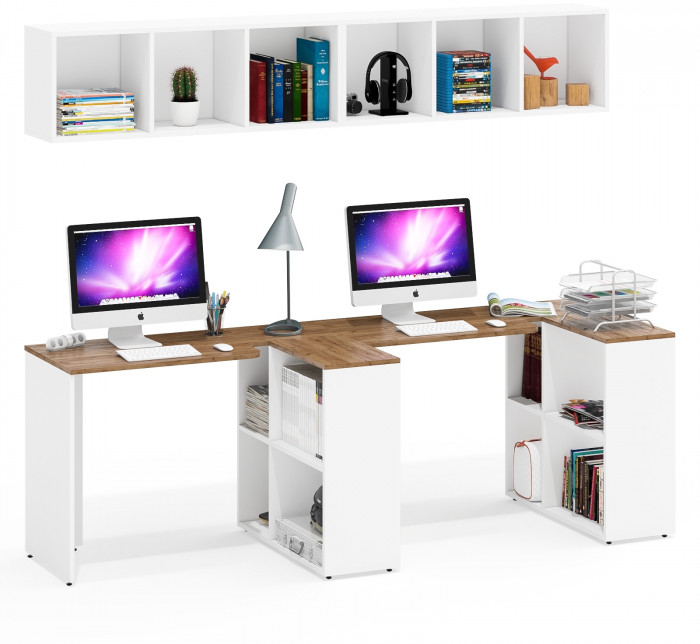 Лидер-8 Стол + Полка + Стол + Полка, цвет белый шагрень/крафт золото, ШхГхВ 330х50/30х75/190 или 230х50/80х75/190 см., НЕ универсальная сборка