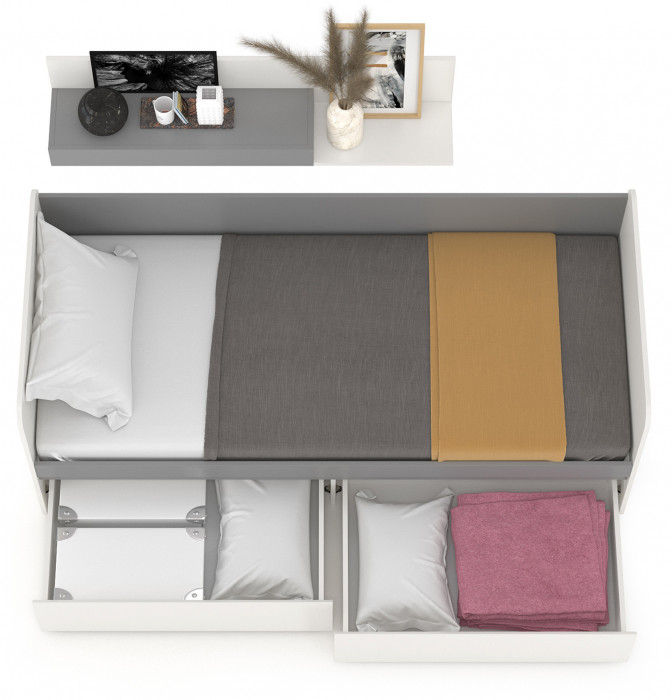 Торонто 11.39 Кровать + 16.475 Полка, цвет белый шагрень/стальной серый, ШхГхВ 194х84,4х150 см., сп. м. 800х1900 мм., б/м, основание есть