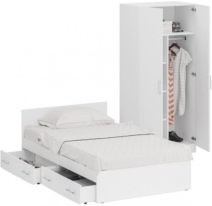 Кровать с ящиками 1200 + Шкаф 2-х створчатый Стандарт, цвет белый, ШхГхВ 123,5х203,5х70 + 90х52х200 см., сп.м. 1200х2000 мм., б/м, основание есть