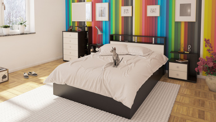 Камелия Кровать 1400 + две тумбы, цвет венге/дуб лоредо, ШхГхВ 256х217х78,2 см., сп.м. 1400х2000 мм., без матраса, основание есть