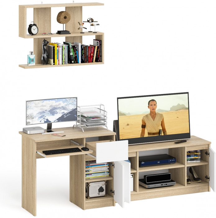 Мори Стол компьютерный МС-1 правый + Тумба МТВ1200.1 + Полка 900, цвет дуб сонома/белый, ШхГхВ 210,4х50х209,6 см., НЕ универсальная сборка