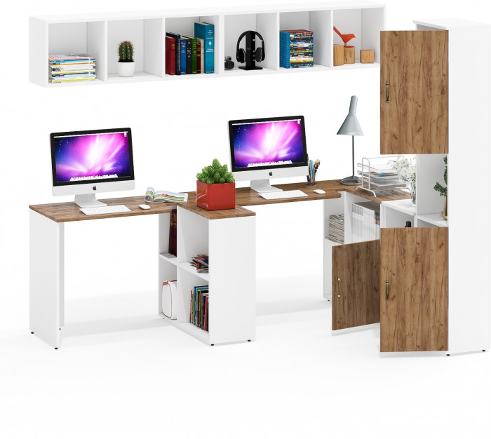 Лидер-8 Стол + Полка + Стол + Полка + Пенал + Тумба МД 3.19, белый шагрень/крафт золото