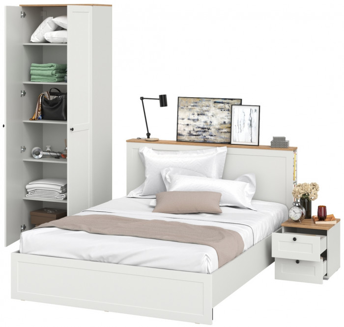 Остин 11.53 Кровать + ортопед + 16.307 Шкаф + 16.152 Тумба прикроватная, белый шагрень/дуб крафт золотой