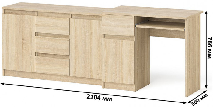 Мори Стол компьютерный МС-1 левый + Комод МК1200.3, цвет дуб сонома, ШхГхВ 210,4х50х76,6 см., выдвижной ящик слева, НЕ универсальная сборка