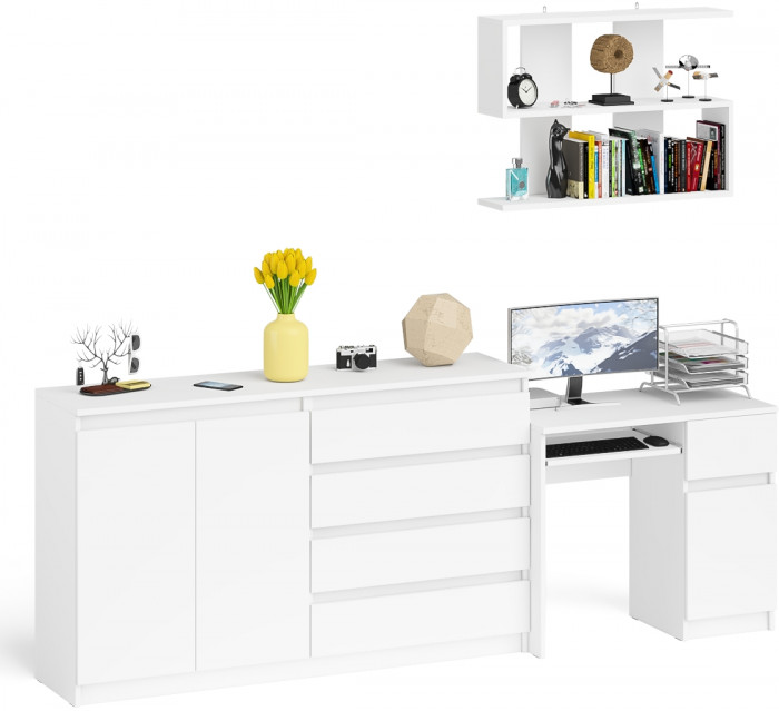 Мори Стол компьютерный МС-1 правый + Комод МК1600.1 + Полка 900, цвет белый, ШхГхВ 250,4х50х209,6 см., НЕ универсальная сборка