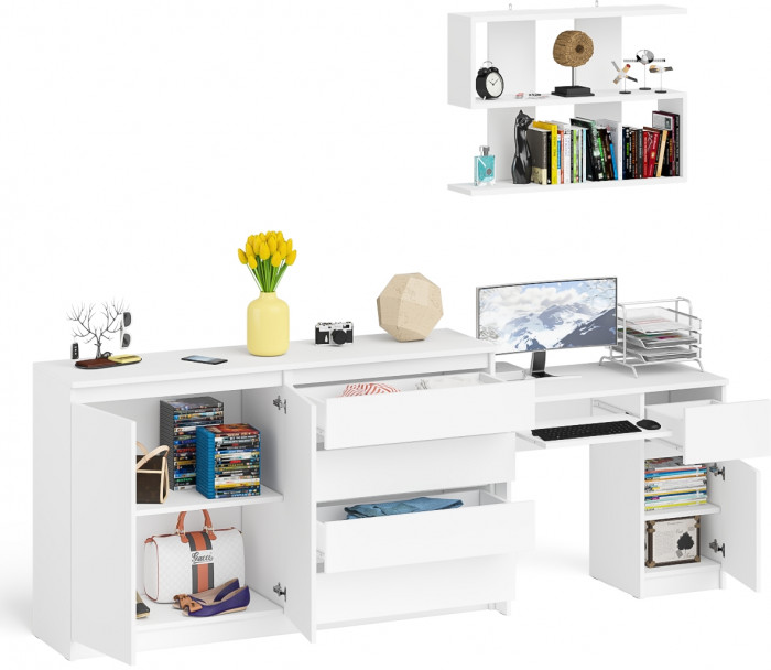 Мори Стол компьютерный МС-1 правый + Комод МК1600.1 + Полка 900, цвет белый, ШхГхВ 250,4х50х209,6 см., НЕ универсальная сборка