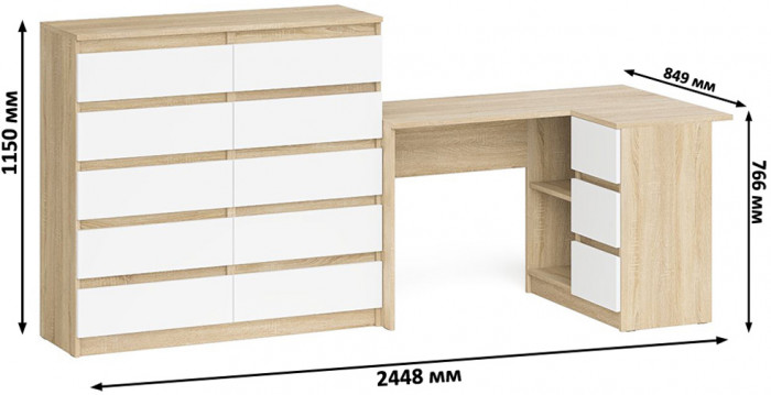 Мори Стол компьютерный МС-16 правый + Комод МК1200.10, цвет дуб сонома/белый, ШхГхВ 244,8х84,9х115 см., выдвижные ящики справа, НЕ универс. сборка