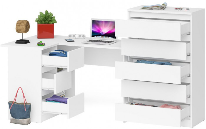 Мори Стол компьютерный МС-16 левый + Комод МК700.5, цвет белый, ШхГхВ 194,8х84,9х114 см., выдвижные ящики слева, НЕ универсальная сборка