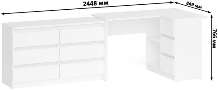 Мори Стол компьютерный МС-16 правый + Комод МК1200.6, цвет белый, ШхГхВ 244,8х84,9х76,6 см., выдвижные ящики справа, НЕ универсальная сборка