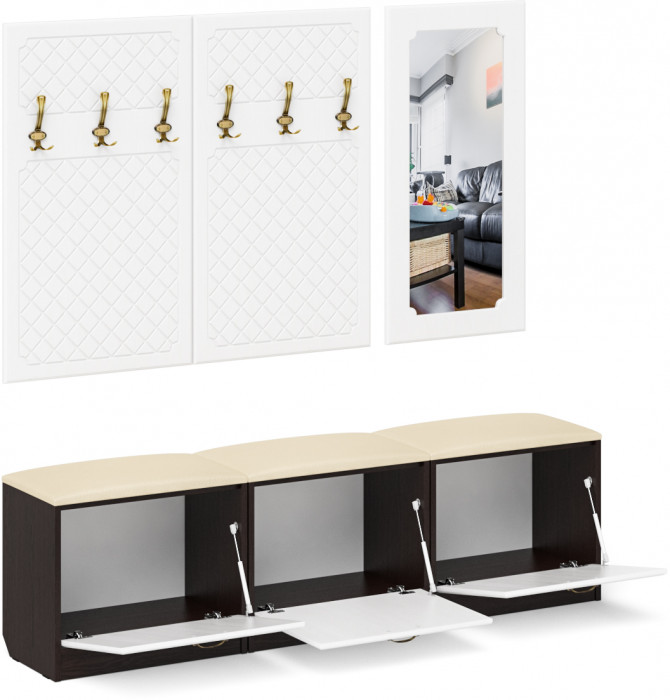 Прихожая П-6 Компоновка № 03, цвет венге/фасады МДФ белое дерево фрезеровка ромб, ШхГхВ 180х35х200 см., универсальная сборка