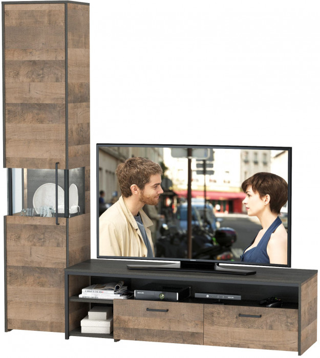 Трувор 13.70 Тумба под ТВ + 13.205 Шкаф-пенал с витриной, дуб гранж песочный/интра