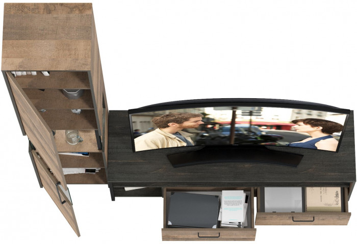 Трувор 13.70 Тумба под ТВ + 13.205 Шкаф-пенал с витриной, дуб гранж песочный/интра