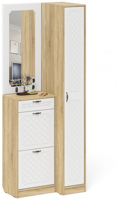Прихожая П-6 Компоновка № 43, цвет дуб сонома/фасады МДФ белое дерево фрезеровка ромб, ШхГхВ 80х50х210 см., универсальная сборка