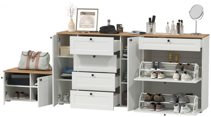 Остин 16.221 Комод + 16.121 Тумба для обуви + 13.257 Тумба, цвет белый шагрень/дуб крафт золотой, ШхГхВ 280х41,9х99,3 см.