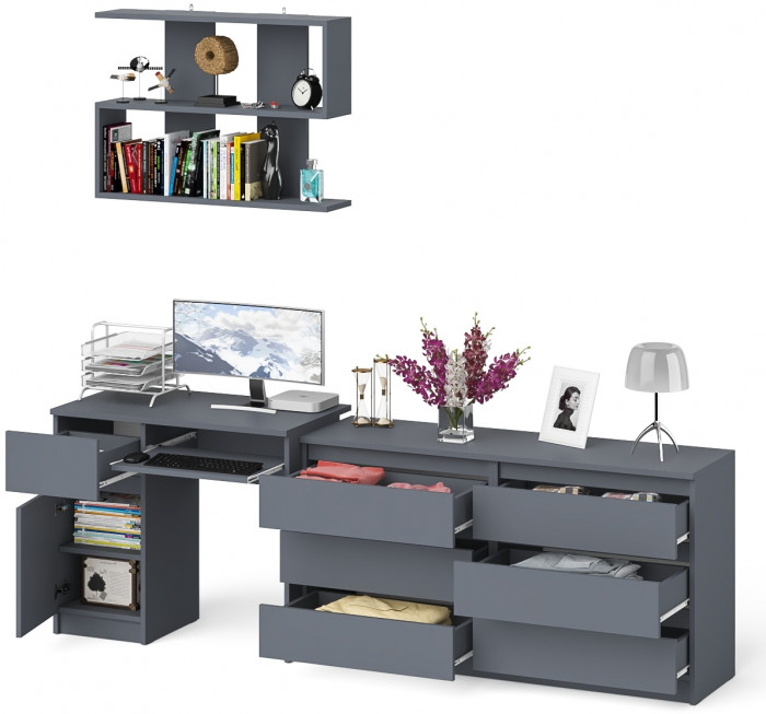 Мори Стол компьютерный МС-1 левый + Комод МК1380.6 + Полка 900, цвет графит, ШхГхВ 228х50х209,6 см., НЕ универсальная сборка