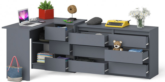 Мори Стол компьютерный МС-16 правый + Комод МК1200.6, цвет графит, ШхГхВ 244,8х84,9х76,6 см., выдвижные ящики справа, НЕ универсальная сборка