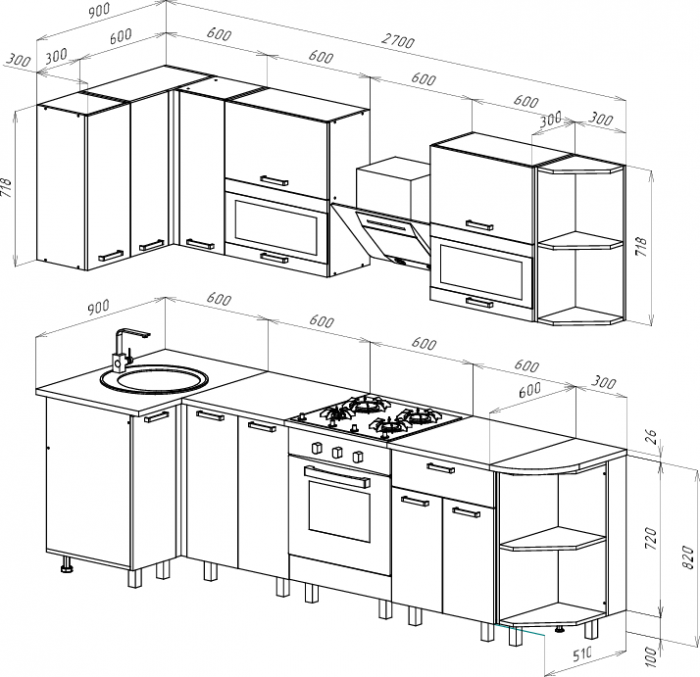 Кухня Техно 0,9*2,7м (490) Компоновка №2, Белый/Белый глянец