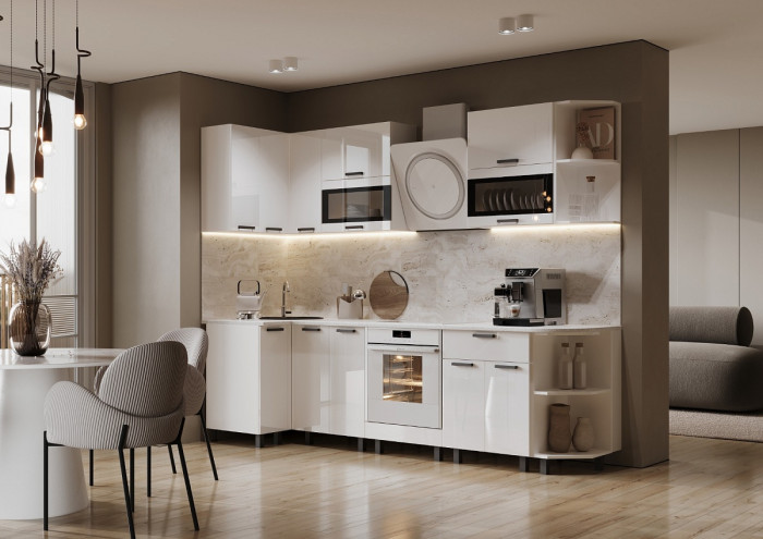 Кухня Техно 0,9*2,7м (490) Компоновка №2, Белый/Белый глянец