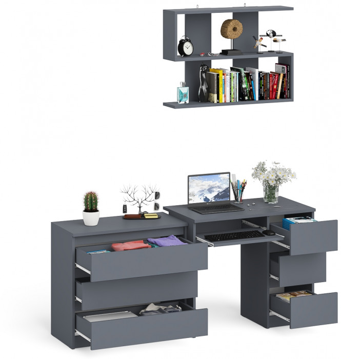 Мори Стол компьютерный МС-6 правый + Комод МК800.1 + Полка 900, цвет графит, ШхГхВ 170,4х50х209,6 см., НЕ универсальная сборка