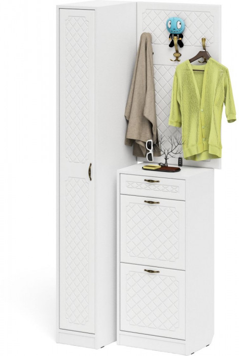 Прихожая П-6 Компоновка № 44, белая шагрень/фасады МДФ белое дерево фрезеровка ромб