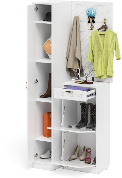 Прихожая П-6 Компоновка № 44, белая шагрень/фасады МДФ белое дерево фрезеровка ромб