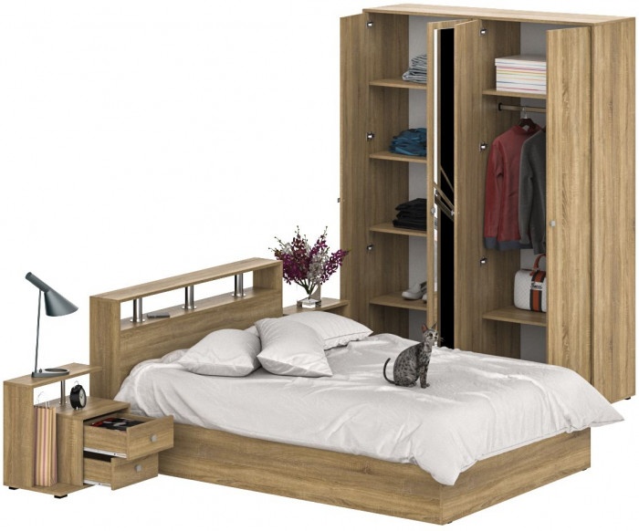 Камелия спальня № 1 Кровать 1400 + Две тумбы + Шкаф 4-х створчатый, дуб сонома