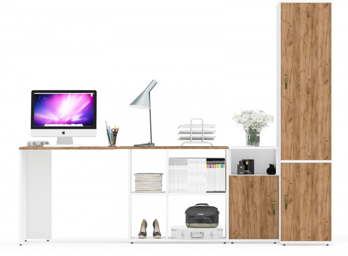 Лидер-8 Стол + Тумба МД 3.19 + Пенал МД 23Б, белый шагрень/крафт золото