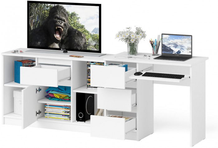Мори компьютерный стол МС-6 левый + Тумба МТВ1204.1, белый