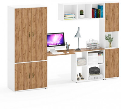 Лидер-8 Шкаф МД 19Б + Стол + Полка + Пенал, цвет белый шагрень/крафт золото, ШхГхВ 285х50/30х75/190 или 195х120х75/190 см., НЕ ун.сб.