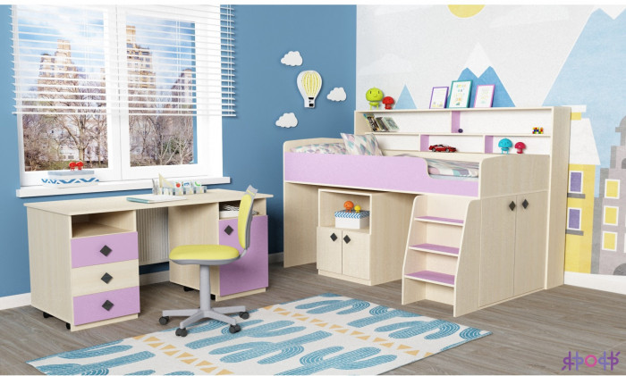 Кровать-чердак Малыш 5 (Дуб молочный/Лайм)