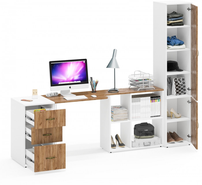 Лидер-8 Стол + Тумба МД 3.16 + Пенал МД 22Б, белый шагрень/крафт золото