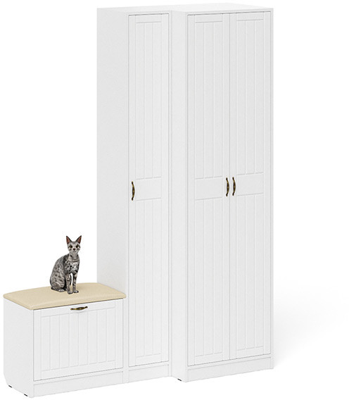 Прихожая П-6 Компоновка № 25, цвет белая шагрень/фасады МДФ белое дерево фрезеровка прованс, ШхГхВ 150х50х210 см., универсальная сборка