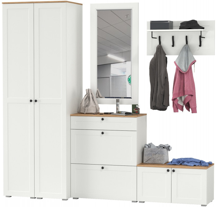 Остин Прихожая 46, цвет белый шагрень/дуб крафт золотой, ШхГхВ 240х54,3х229,6 см., универсальная сборка