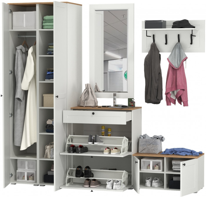 Остин Прихожая 46, цвет белый шагрень/дуб крафт золотой, ШхГхВ 240х54,3х229,6 см., универсальная сборка