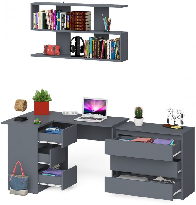 Мори компьютерный стол МС-16 левый + Комод МК800.1 + Полка 1200, графит