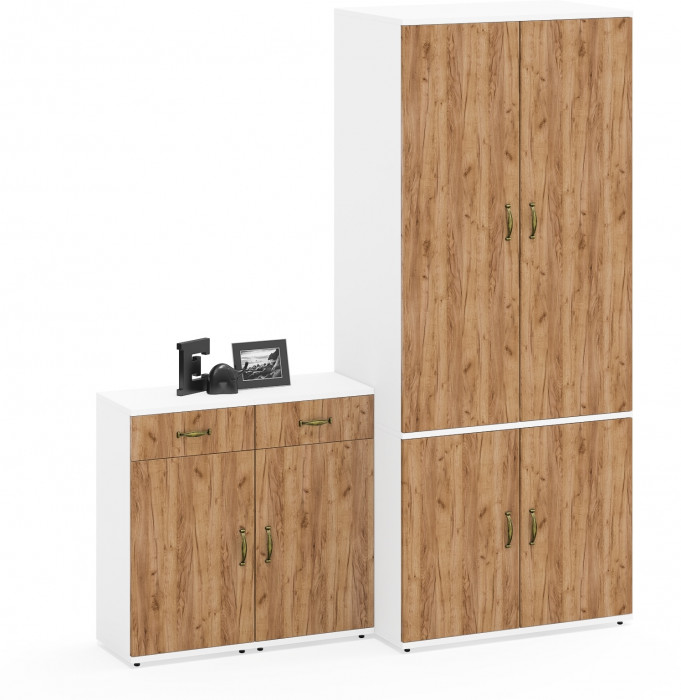 Лидер-8 Шкаф МД 19Б + Тумба МД 3.15 + Тумба МД 3.15, цвет белый шагрень/крафт золото, ШхГхВ 160х50х190 см., универсальная сборка