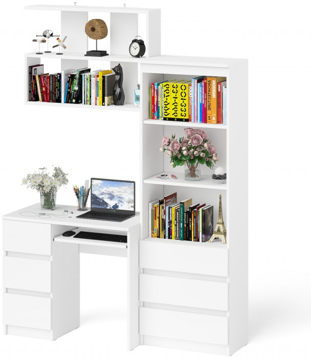 Мори Стол компьютерный МС-6 левый + Стеллаж МСТ600.3 + Полка 900, цвет белый, ШхГхВ 150,4х50х209,6 см., НЕ универсальная сборка