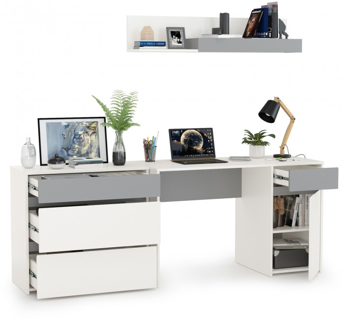 Торонто 12.149 Стол + 13.321 Комод + 16.475 Полка, цвет белый шагрень/стальной серый, ШхГхВ 200х53,1х150 см., универсальная сборка