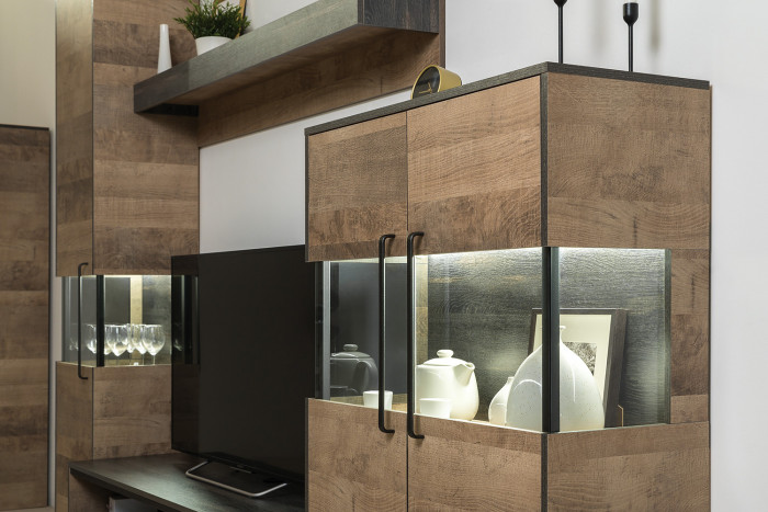 Трувор 13.306 Комод с витриной + 13.307.02 Комод с ящиками, цвет дуб гранж песочный/интра, ШхГхВ 151,8х37х135,3 см., универсальная сборка