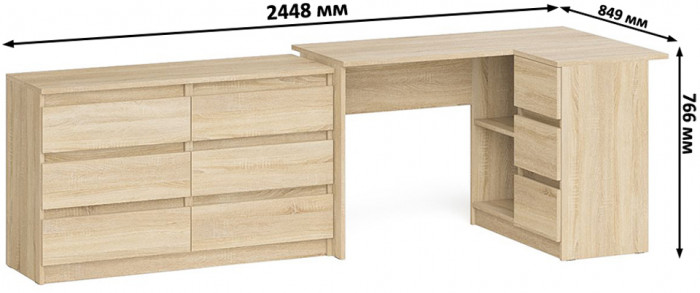 Мори Стол компьютерный МС-16 правый + Комод МК1200.6, цвет дуб сонома, ШхГхВ 244,8х84,9х76,6 см., выдвижные ящики справа, НЕ универсальная сборка